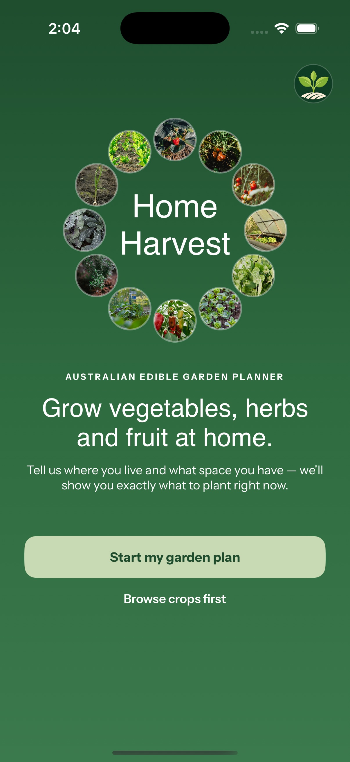 Home Harvest app home screen in dark mode