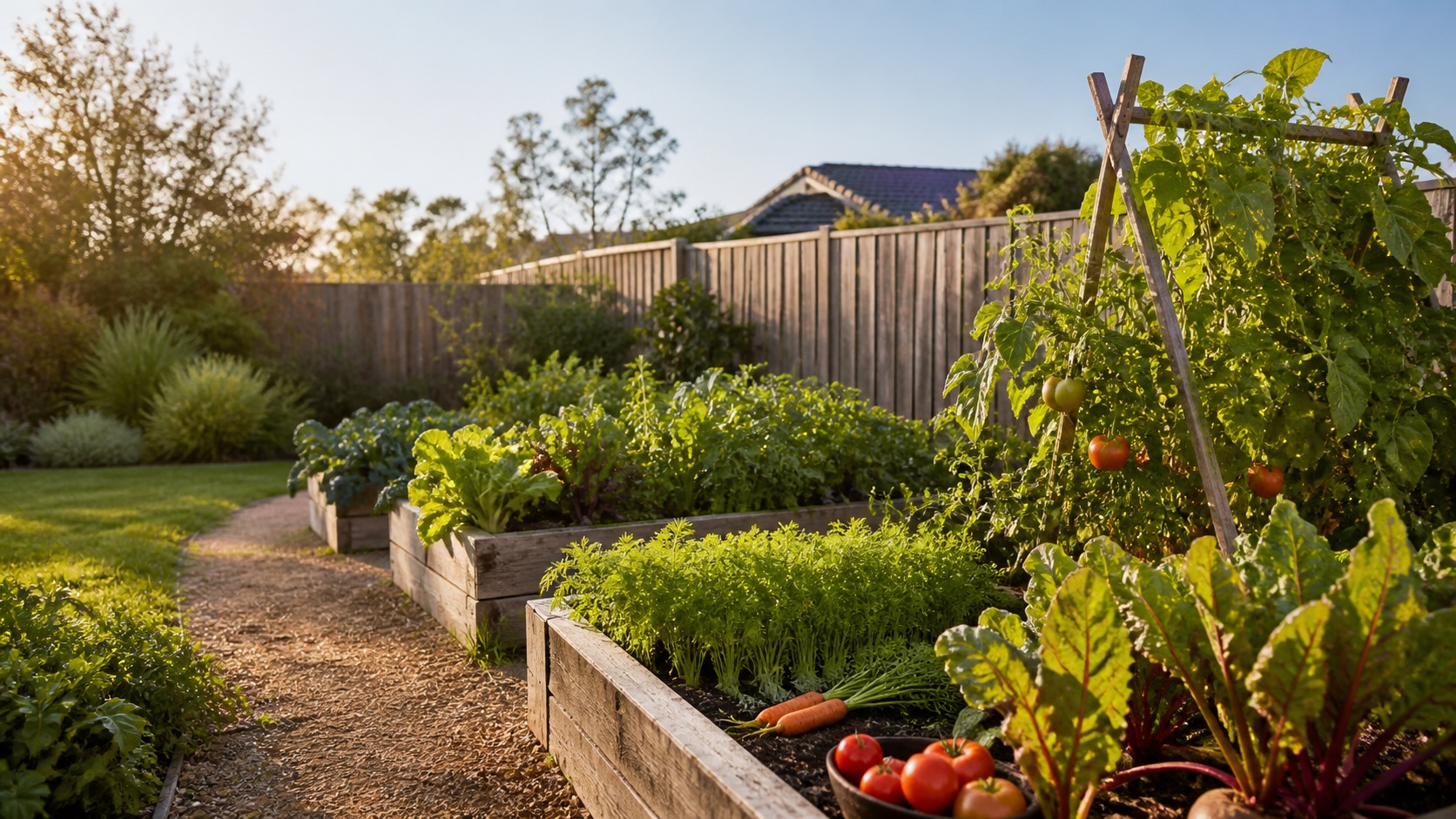A productive suburban backyard vegetable patch with timber raised beds