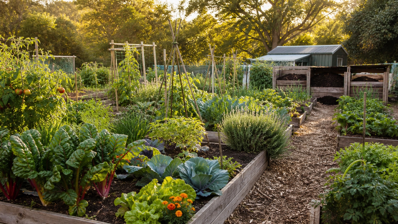 A welcoming community garden with shared vegetable allotments and timber paths