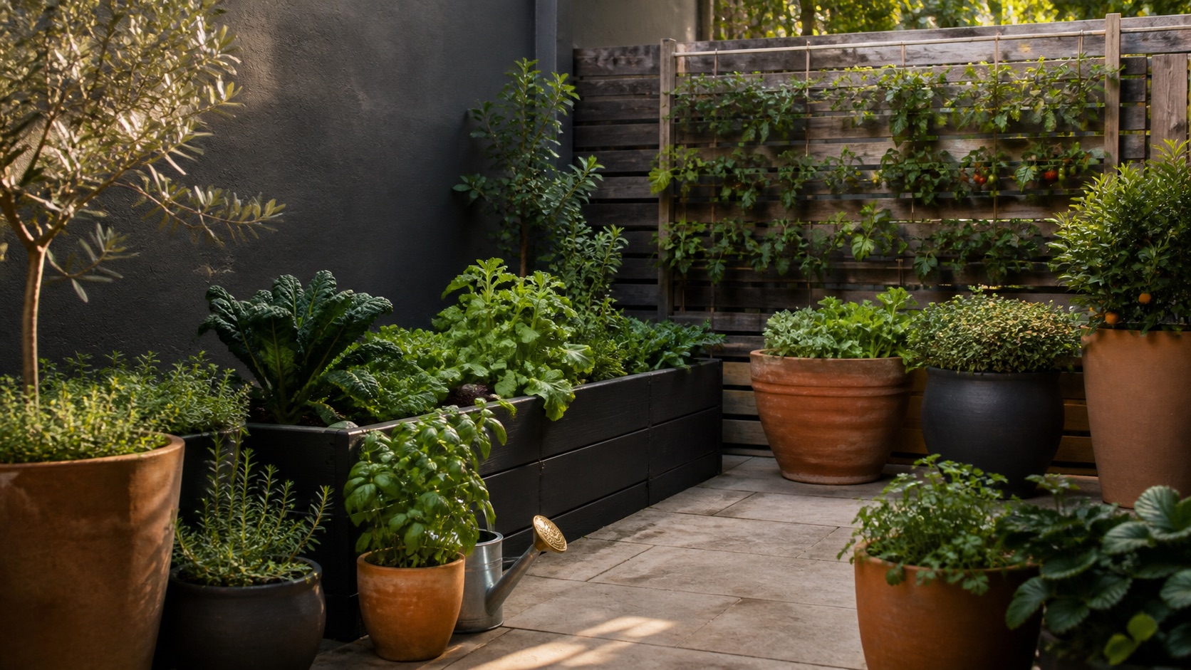 A compact courtyard edible garden with vegetables, herbs and raised planters