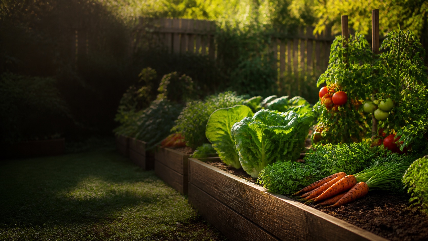 A productive home vegetable garden in warm afternoon light