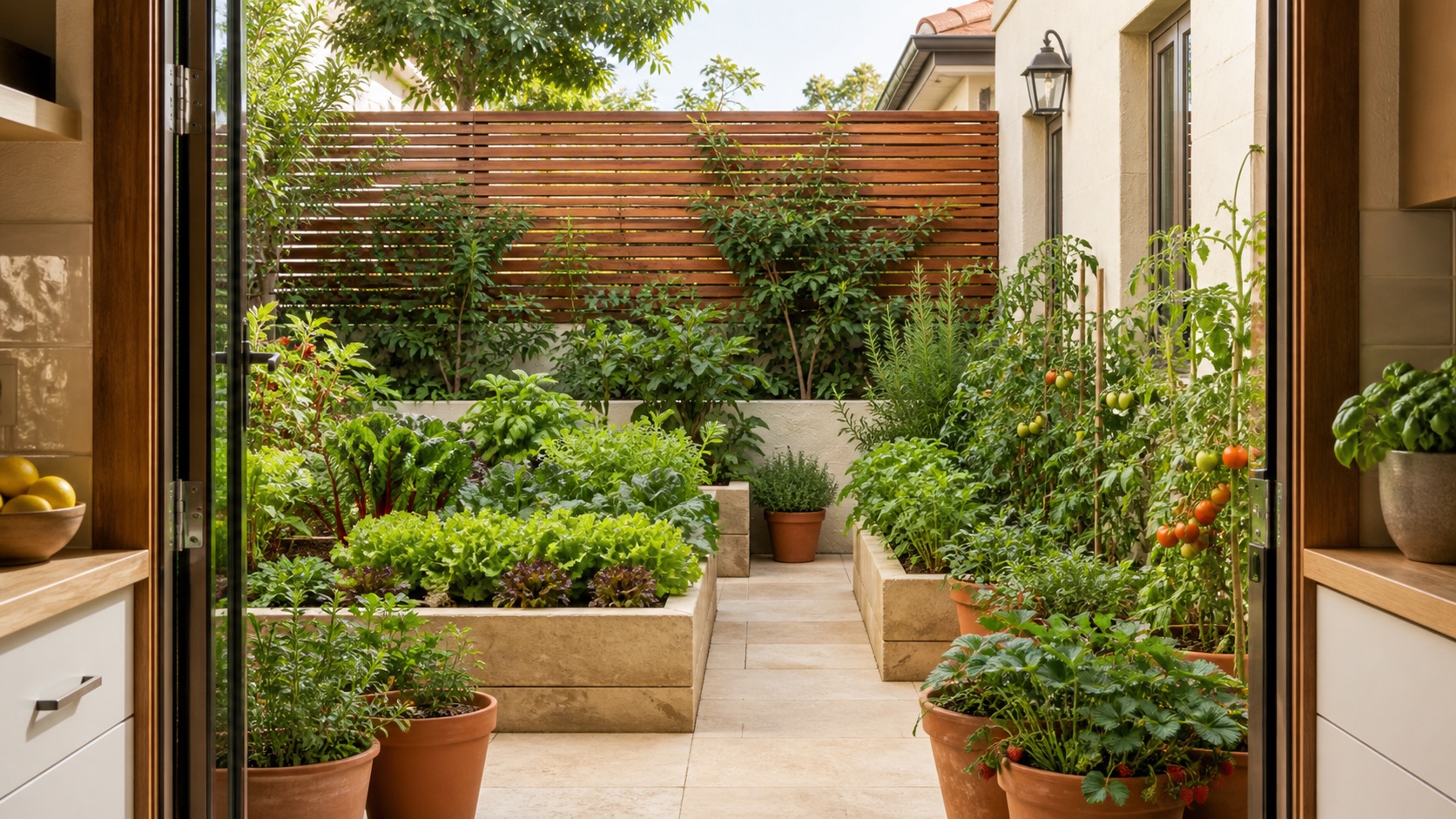 A bright private courtyard at home filled with raised beds, herbs, tomatoes and leafy vegetables