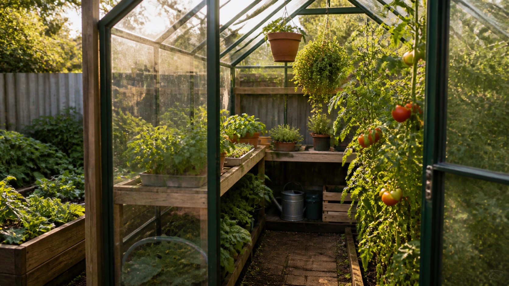 A small backyard greenhouse filled with vegetables, herbs and seedlings