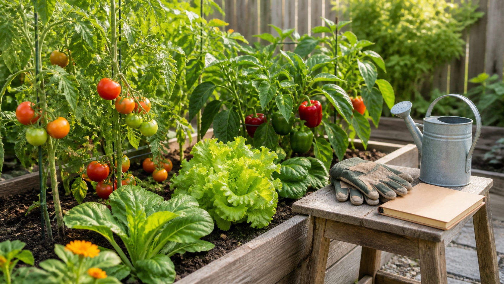 A bright home vegetable garden with tomatoes, capsicums, leafy greens and simple garden-care tools